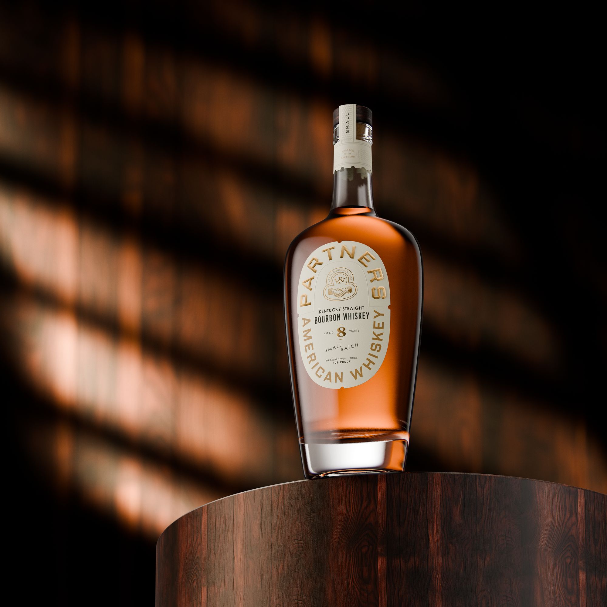 Partners American Whiskey Edition 1 on a barrel head in a Kentucky rickhouse